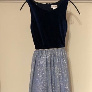 Emily West blue satin dress with tie bow sparkly